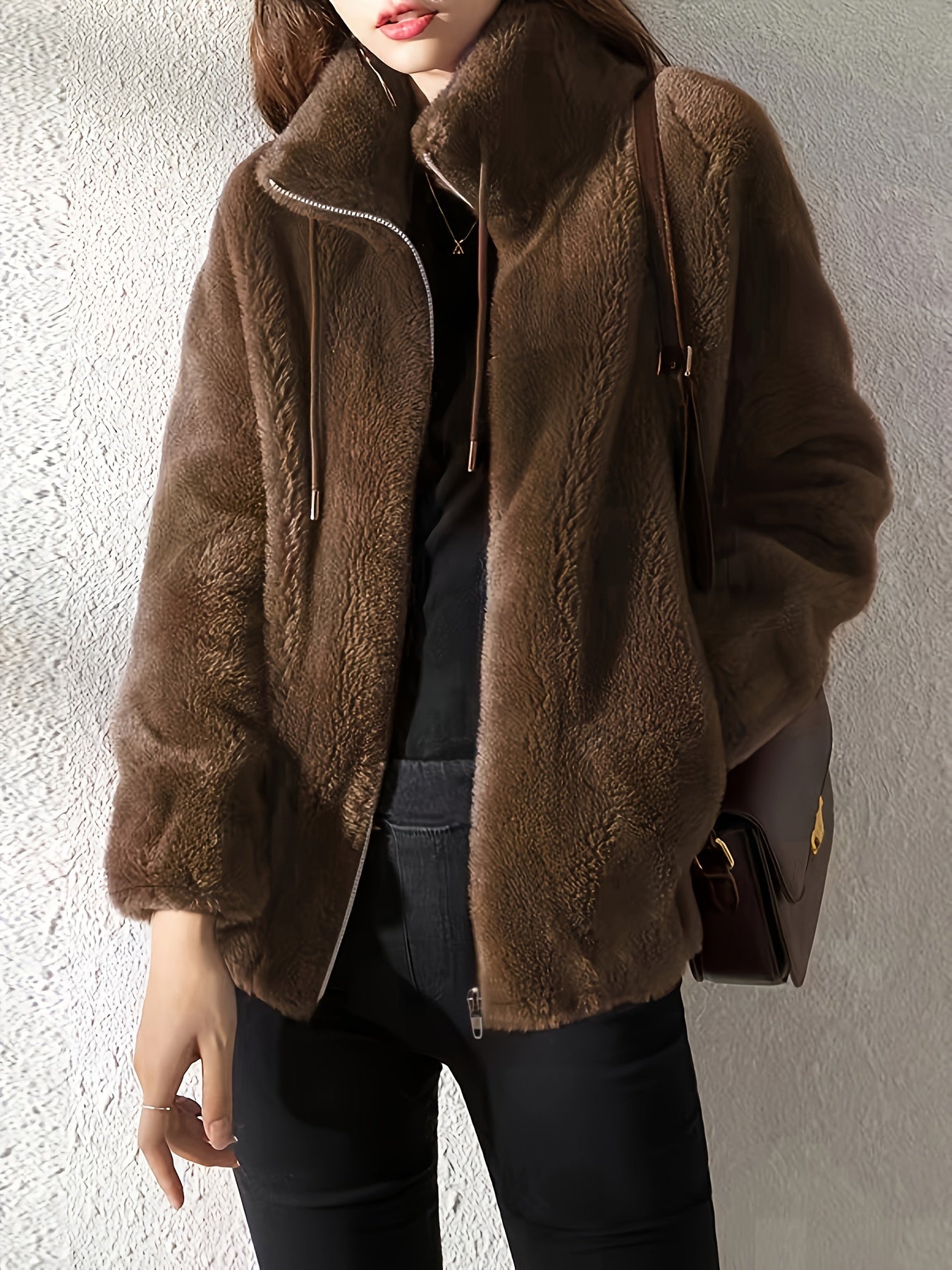 Abrigo de peluche con cordones, Ropa de abrigo cálida y casual con cremallera y mangas largas, Ropa de mujer