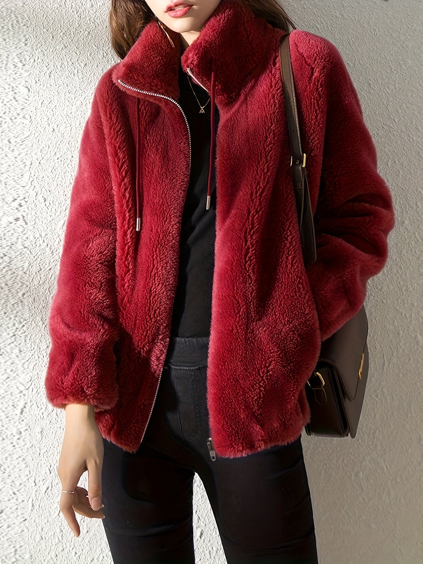 Abrigo de peluche con cordones, Ropa de abrigo cálida y casual con cremallera y mangas largas, Ropa de mujer