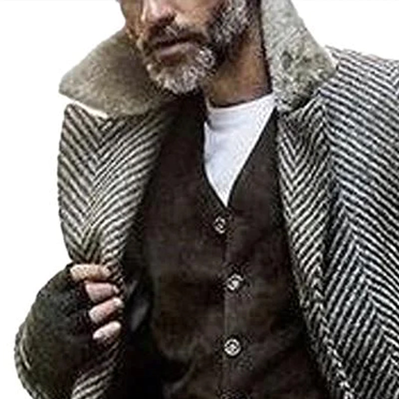 【24-hour shipping】Men's Vintage Herringbone Fabric Spliced Fur Collar Coat 32573111Y