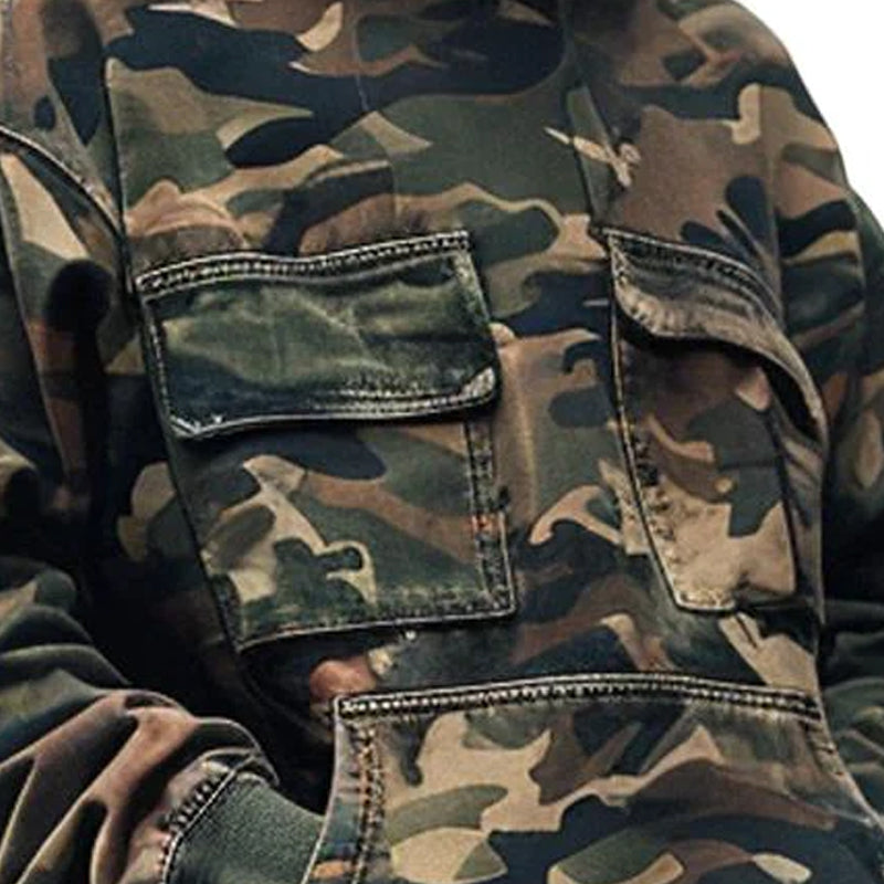 【24-hour shipping】Men's Vintage Camouflage Printed Flap Pocket Long-Sleeved Hoodie 44391826M