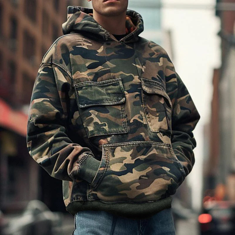 【24-hour shipping】Men's Vintage Camouflage Printed Flap Pocket Long-Sleeved Hoodie 44391826M