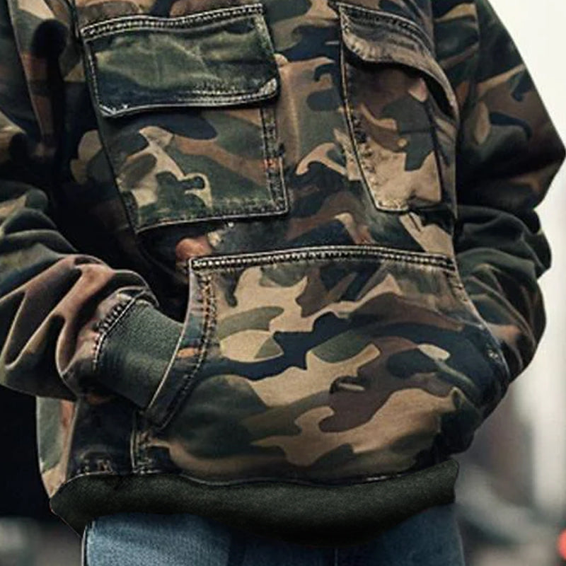 【24-hour shipping】Men's Vintage Camouflage Printed Flap Pocket Long-Sleeved Hoodie 44391826M