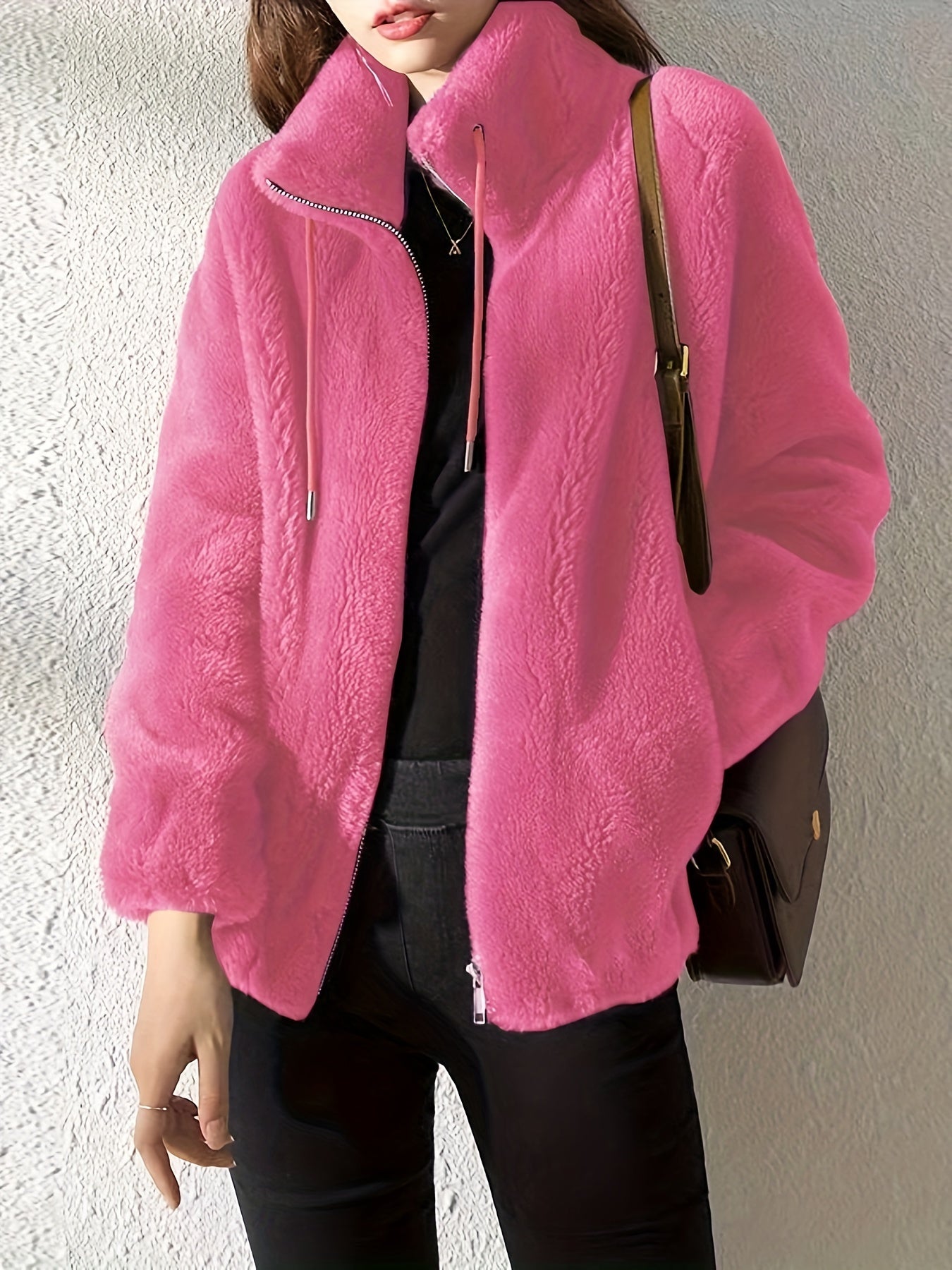 Abrigo de peluche con cordones, Ropa de abrigo cálida y casual con cremallera y mangas largas, Ropa de mujer