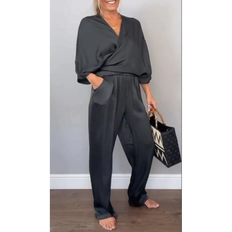 Women's 2-Piece Wrap V-Neck Top & Pants Set