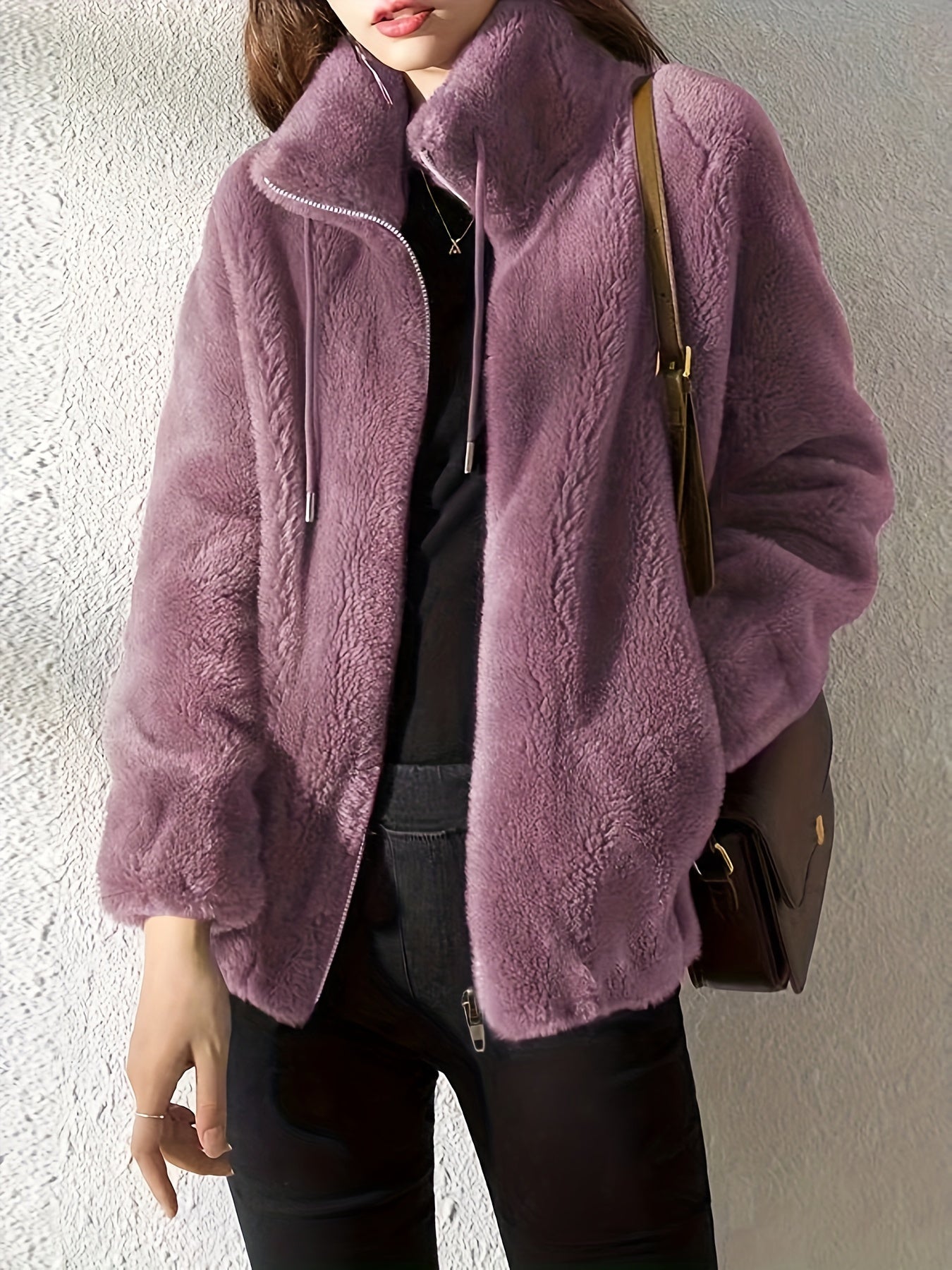 Abrigo de peluche con cordones, Ropa de abrigo cálida y casual con cremallera y mangas largas, Ropa de mujer