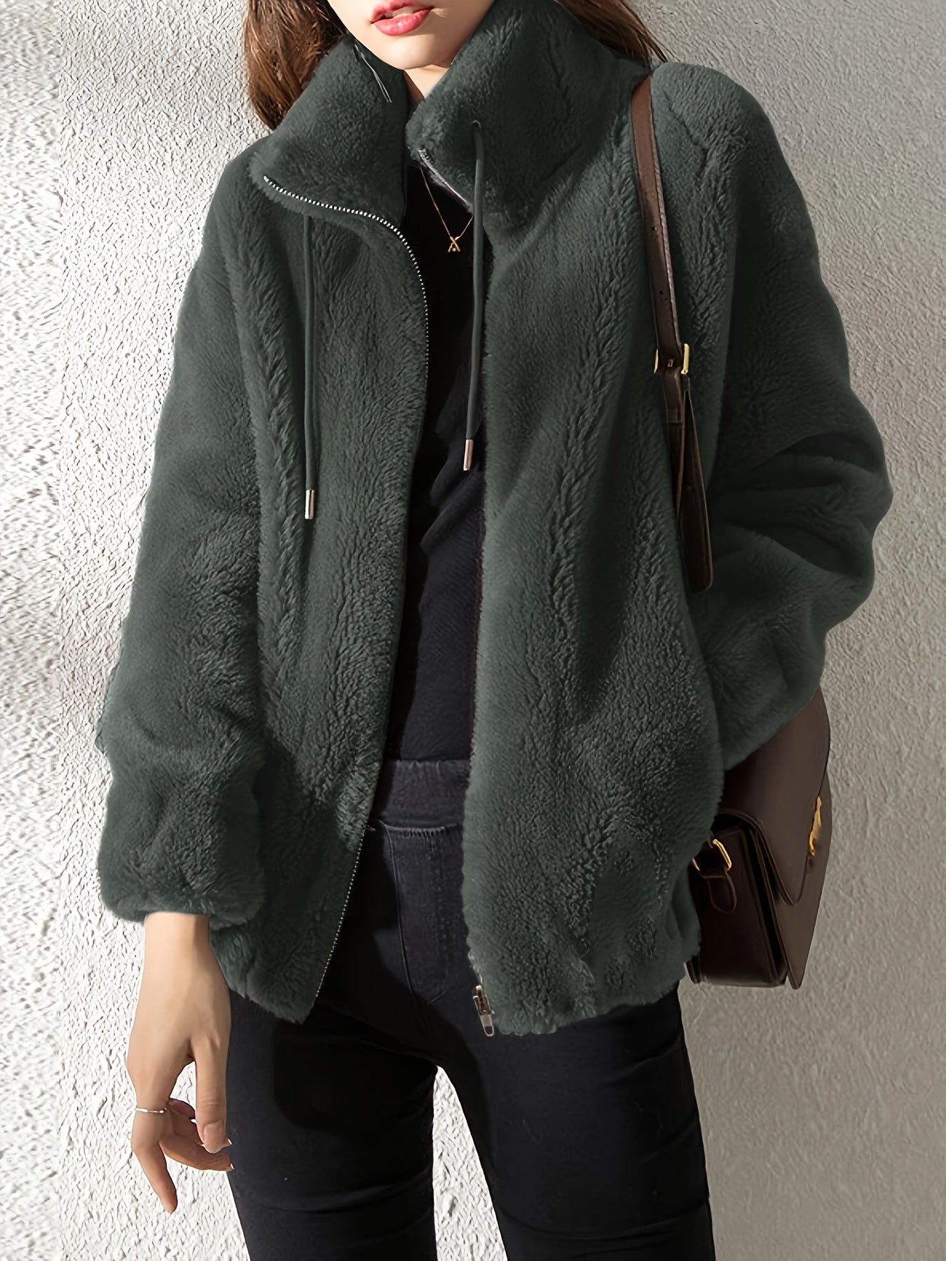 Abrigo de peluche con cordones, Ropa de abrigo cálida y casual con cremallera y mangas largas, Ropa de mujer