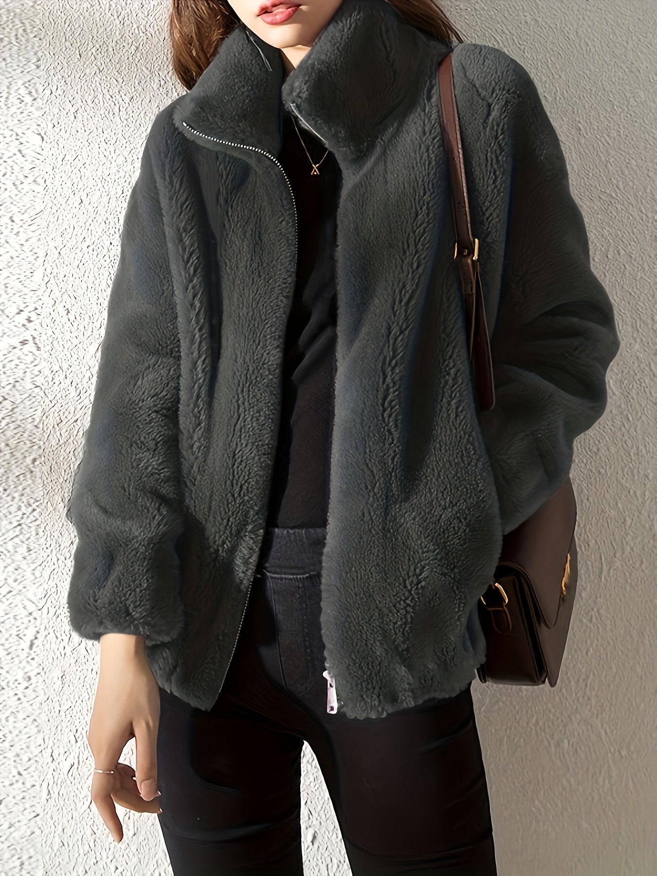 Abrigo de peluche con cordones, Ropa de abrigo cálida y casual con cremallera y mangas largas, Ropa de mujer