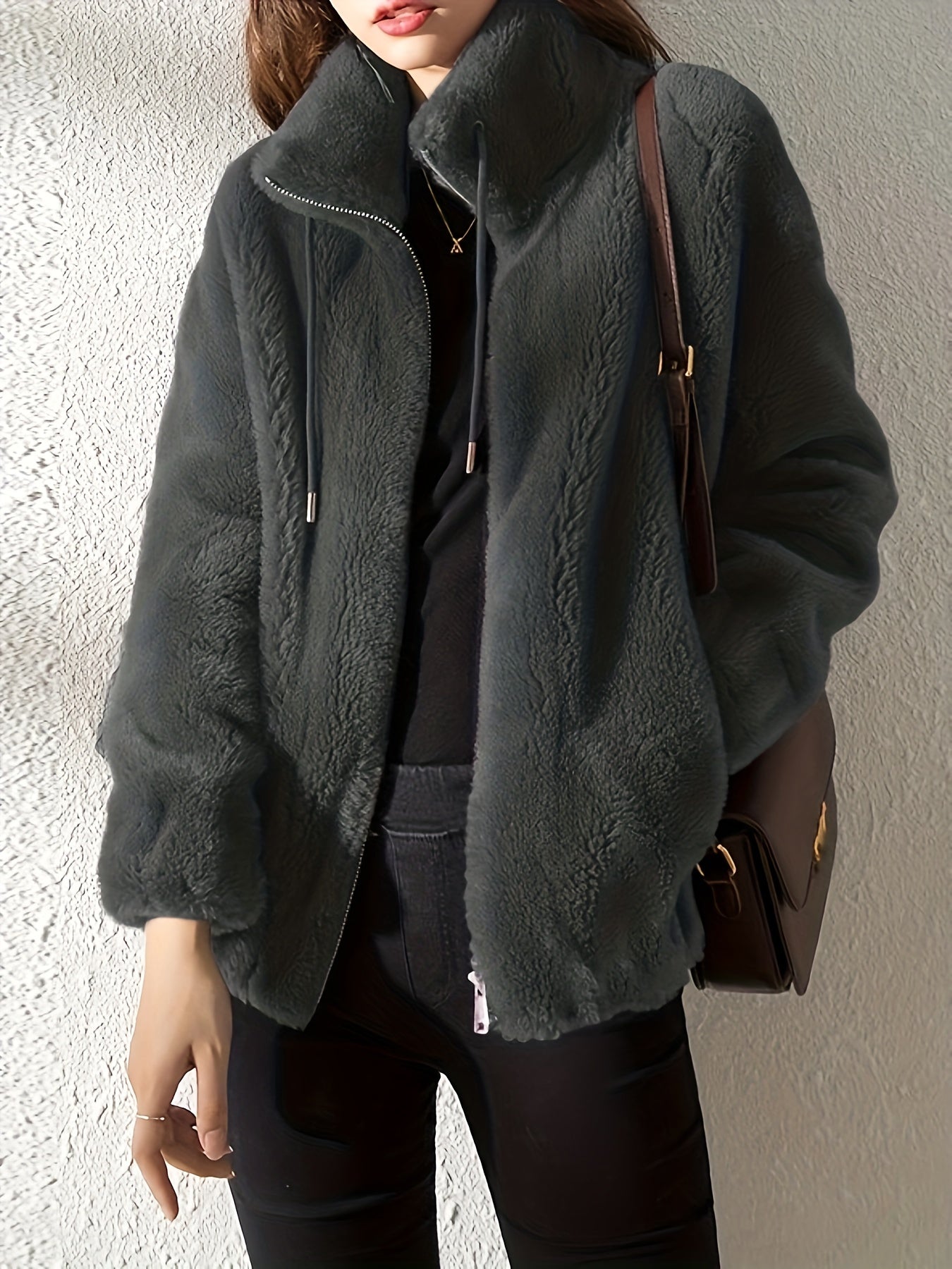 Abrigo de peluche con cordones, Ropa de abrigo cálida y casual con cremallera y mangas largas, Ropa de mujer
