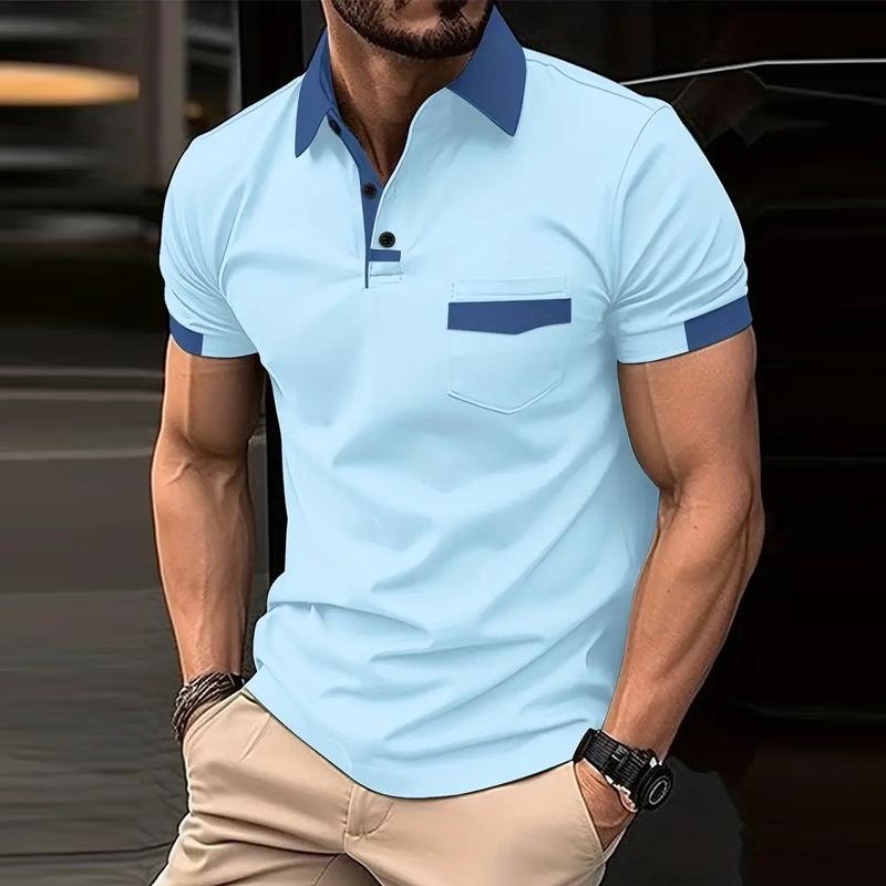 Men's Casual Color Block Pocket Short Sleeve Polo Shirt 15366994Y