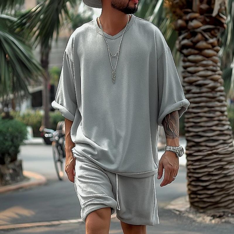 【24-hour shipping】Men's Solid Loose V Neck Short Sleeve T-shirt Shorts Casual Set 55757857Z