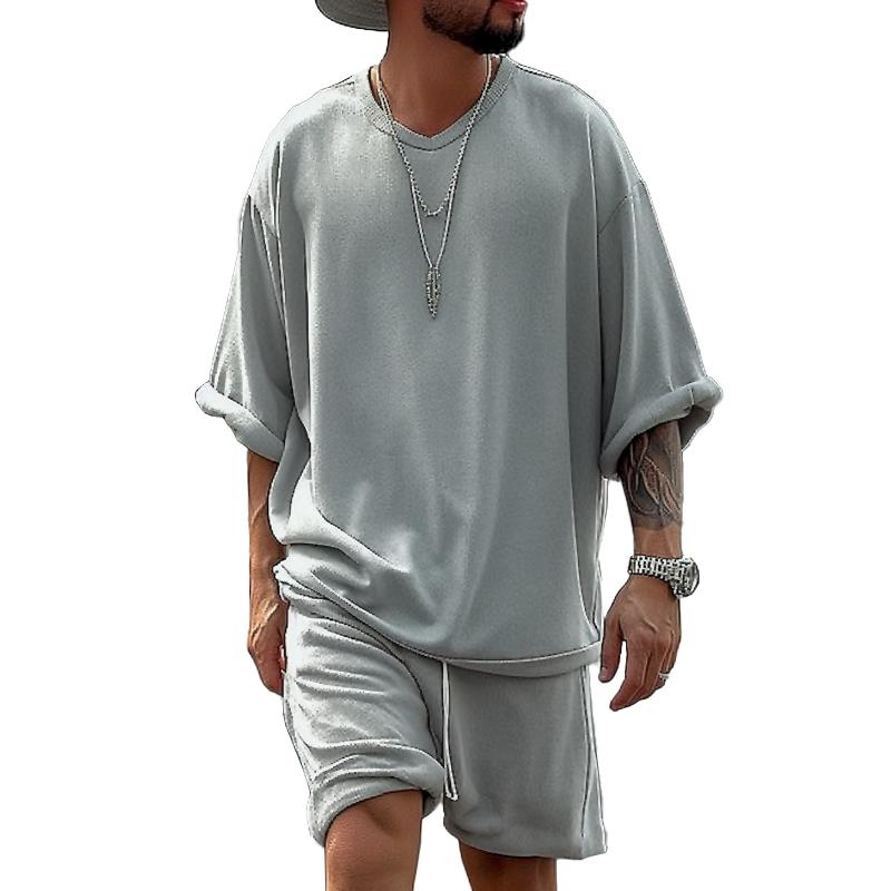 【24-hour shipping】Men's Solid Loose V Neck Short Sleeve T-shirt Shorts Casual Set 55757857Z