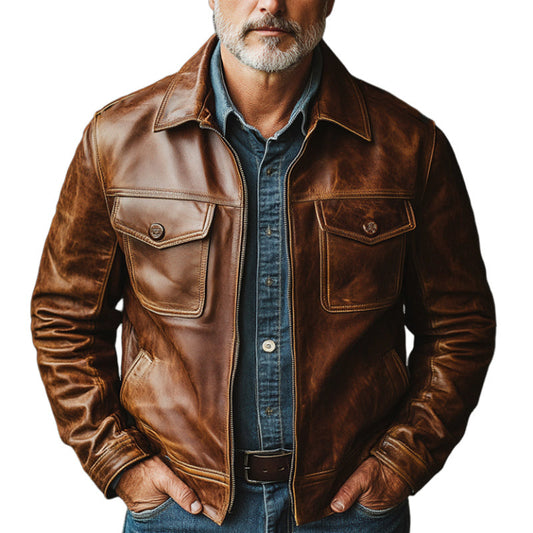 Men's Vintage Distressed Zipper Leather Jacket 99517427U