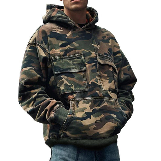 【24-hour shipping】Men's Vintage Camouflage Printed Flap Pocket Long-Sleeved Hoodie 44391826M