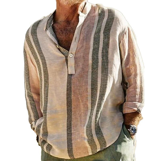 【24-hour shipping】Men's V-neck Striped Print Loose Lapel Cotton Linen Shirt 98320759X