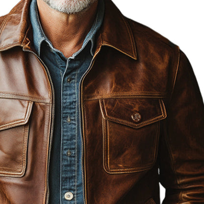 Men's Vintage Distressed Zipper Leather Jacket 99517427U