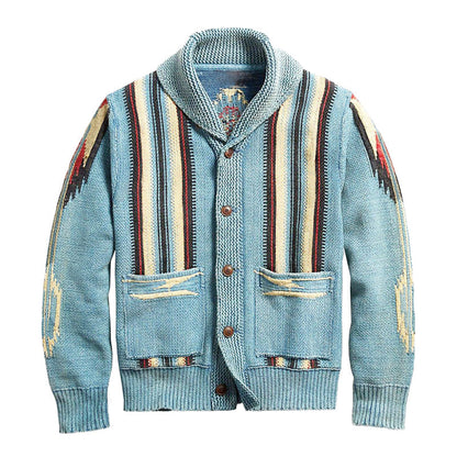 【24-hour shipping】Men's Vintage Jacquard Lapel Long Sleeve Knit Cardigan 51482095M