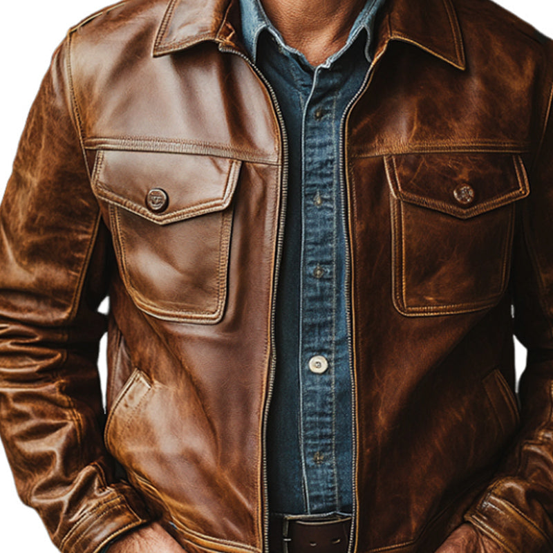 Men's Vintage Distressed Zipper Leather Jacket 99517427U