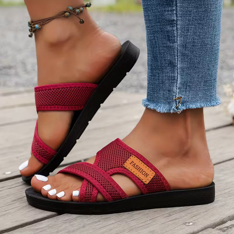 Rossie Slide Sandals — Women’s Breathable Mesh, Crisscross Strap Flat Summer Slides