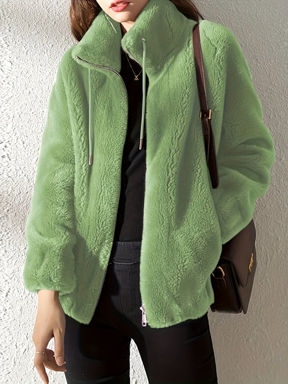 Abrigo de peluche con cordones, Ropa de abrigo cálida y casual con cremallera y mangas largas, Ropa de mujer