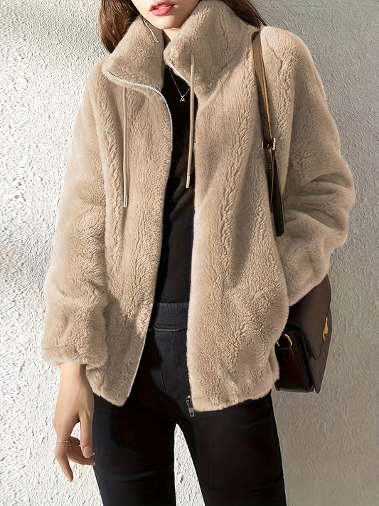 Abrigo de peluche con cordones, Ropa de abrigo cálida y casual con cremallera y mangas largas, Ropa de mujer