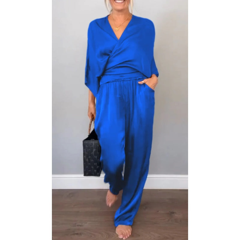 Women's 2-Piece Wrap V-Neck Top & Pants Set