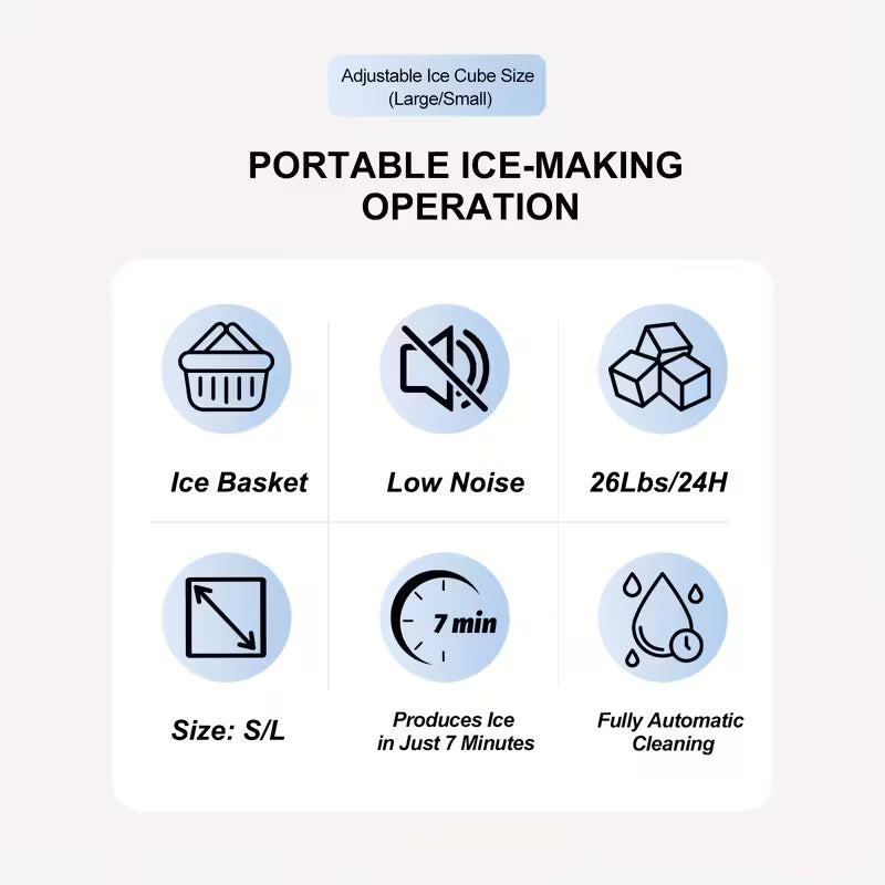 FrostFlow 26 — Countertop Ice Maker, 26 lbs/day, Portable with Handle + Basket & Scoop