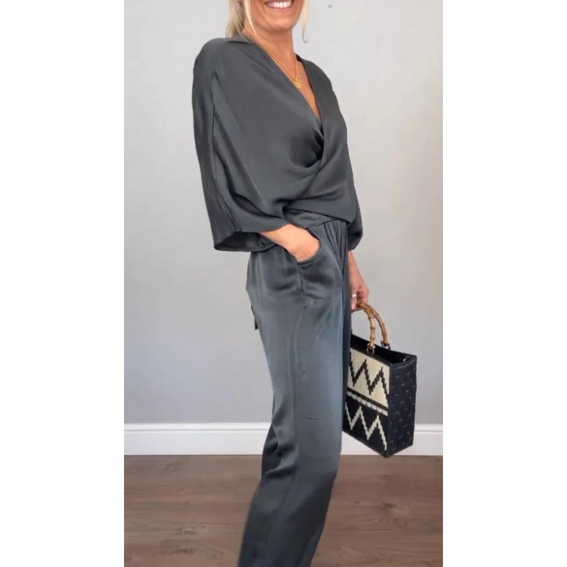Women's 2-Piece Wrap V-Neck Top & Pants Set