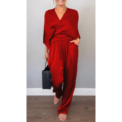 Women's 2-Piece Wrap V-Neck Top & Pants Set