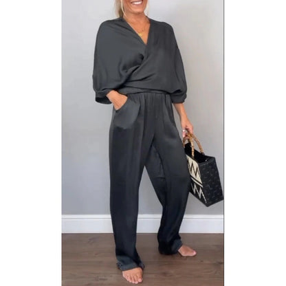 Women's 2-Piece Wrap V-Neck Top & Pants Set