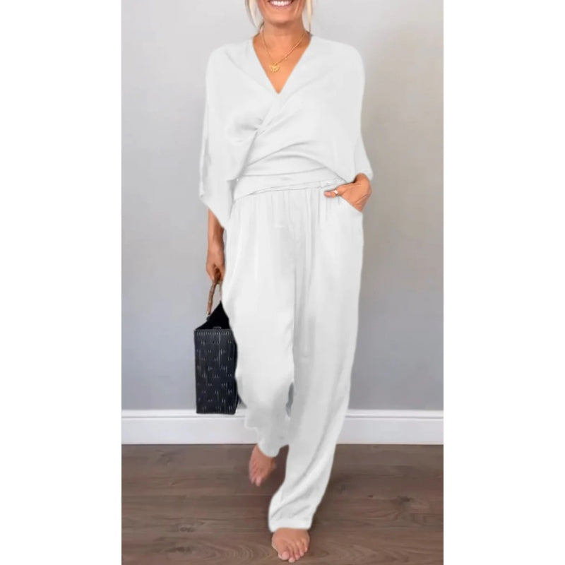 Women's 2-Piece Wrap V-Neck Top & Pants Set