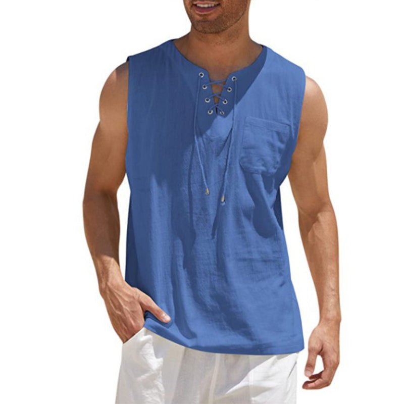 Men's Linen Loose Lace-Up Sleeveless Tank Top 29715298M