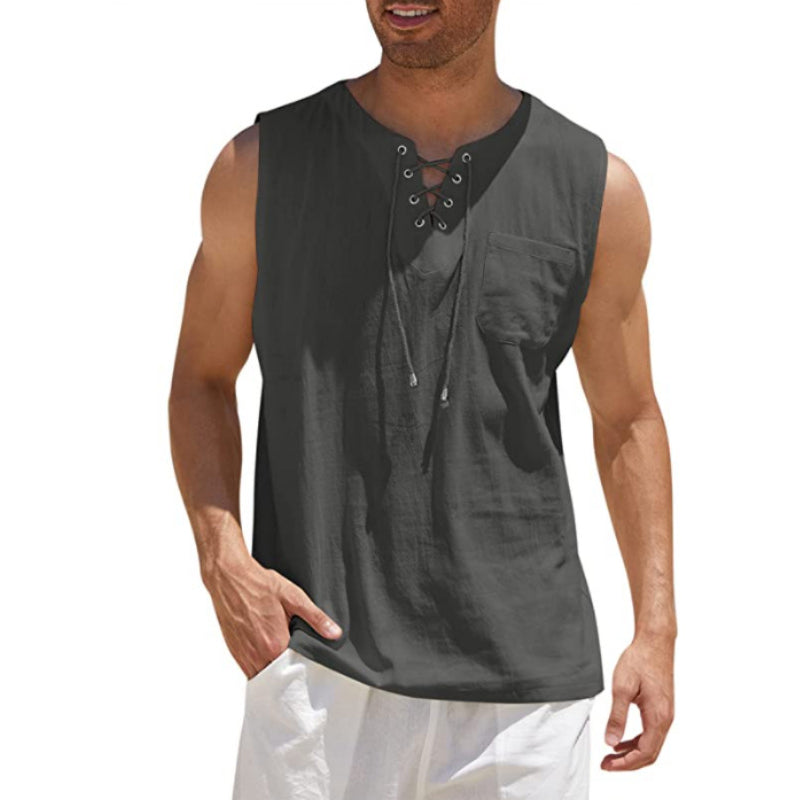 Men's Linen Loose Lace-Up Sleeveless Tank Top 29715298M