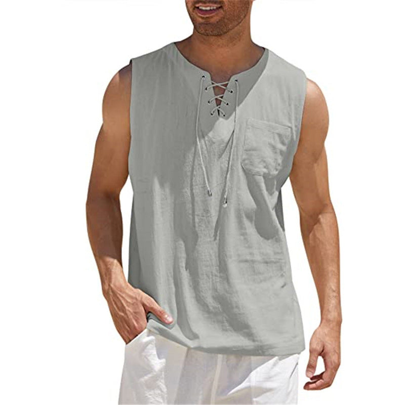 Men's Linen Loose Lace-Up Sleeveless Tank Top 29715298M