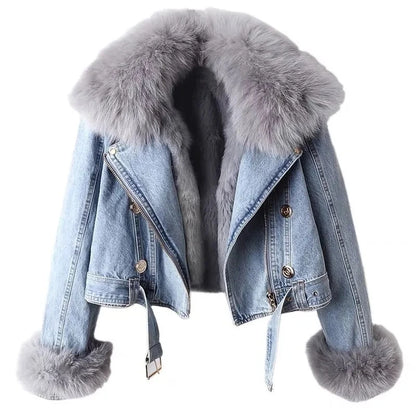 Plush Fur Collar Denim Jacket | Cropped Winter Jacket