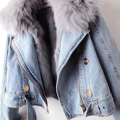 Plush Fur Collar Denim Jacket | Cropped Winter Jacket