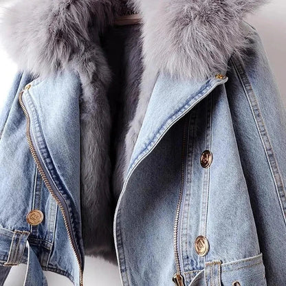 Plush Fur Collar Denim Jacket | Cropped Winter Jacket