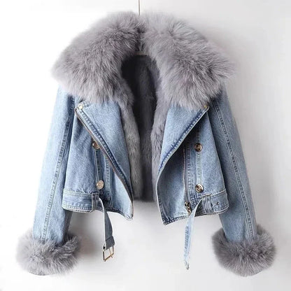 Plush Fur Collar Denim Jacket | Cropped Winter Jacket