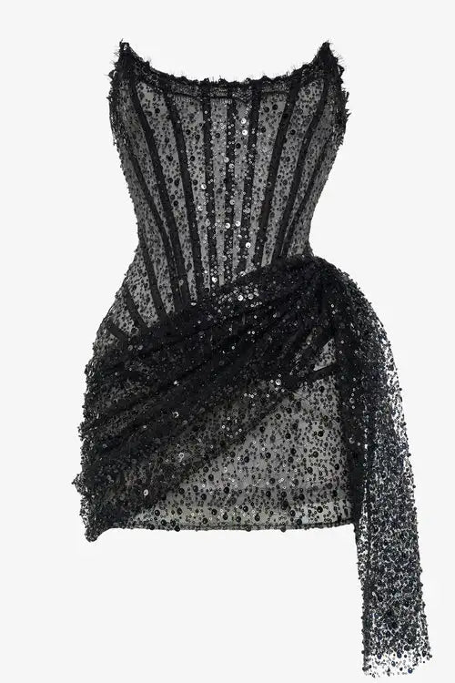 ANGIE - Black Sequin Corset Draped Strapless Dress