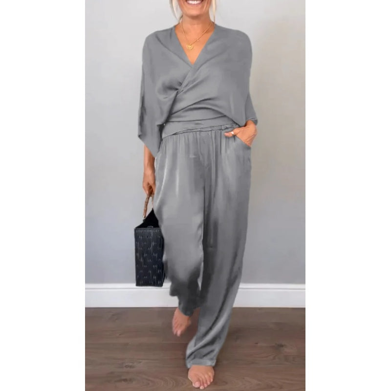 Women's 2-Piece Wrap V-Neck Top & Pants Set