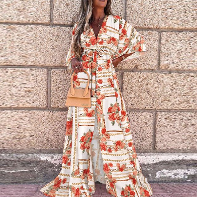 Elegant Euro-American V-Neck Autumn Dress