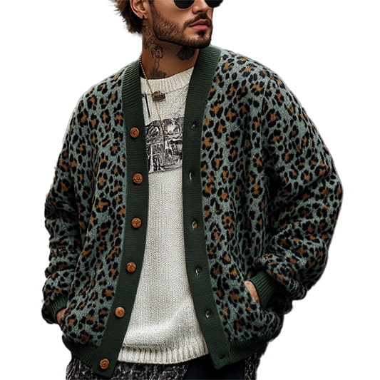 【24-hour shipping】Men's Vintage Leopard Jacquard Colorblock Single Breasted Cardigan 23865460Y