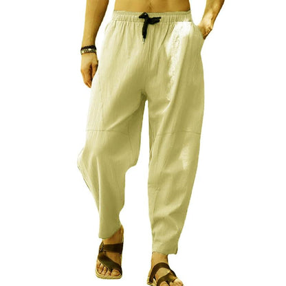 Men's Loose Cotton Linen Solid Color Drawstring Pants 26608017Y