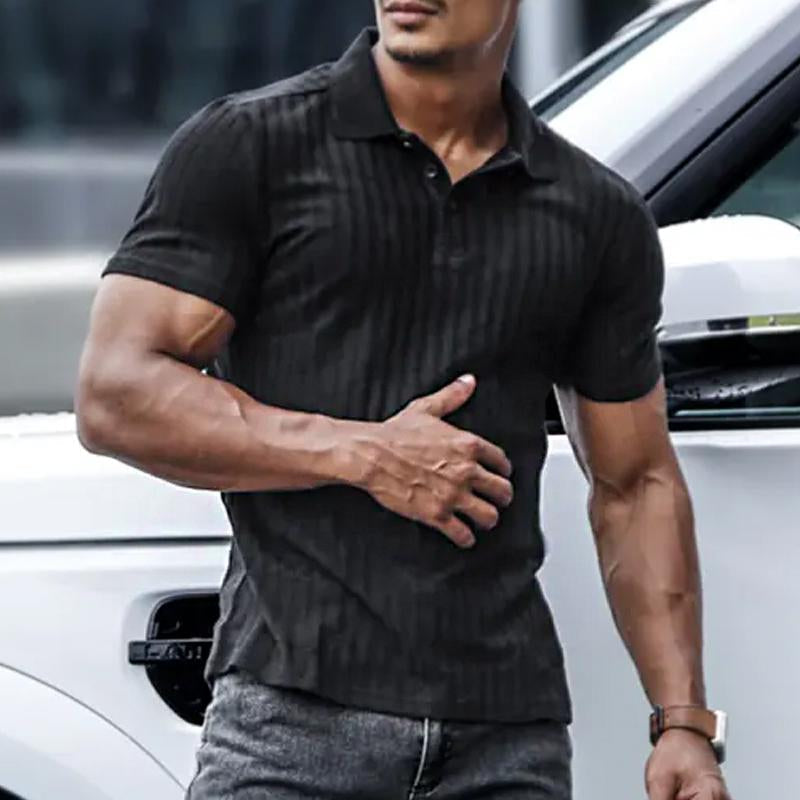 Men's Business Casual Solid Color Vertical Stripe Short Sleeve POLO Shirt 64151606Y