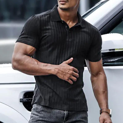 Men's Business Casual Solid Color Vertical Stripe Short Sleeve POLO Shirt 64151606Y