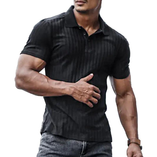 Men's Business Casual Solid Color Vertical Stripe Short Sleeve POLO Shirt 64151606Y