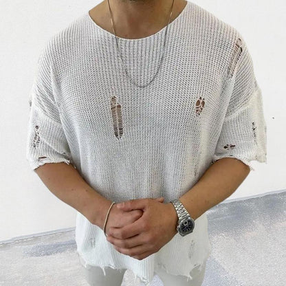Men's Casual Round Neck Short Sleeve Hollow Knit Pullover Sweater 43852441M