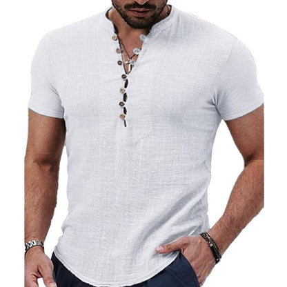 Men's Solid Color Stand Collar Button Down Half Cardigan Short Sleeve Shirt 83311488X