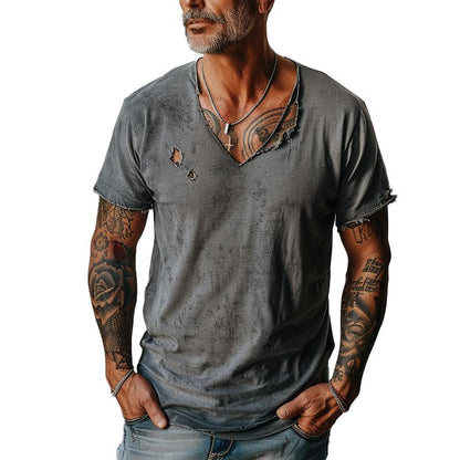 【24-hour shipping】Men's Distressed Ripped Raw Edge V-Neck Short-Sleeved T-Shirt 83736876Y