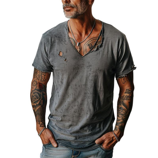 【24-hour shipping】Men's Distressed Ripped Raw Edge V-Neck Short-Sleeved T-Shirt 83736876Y