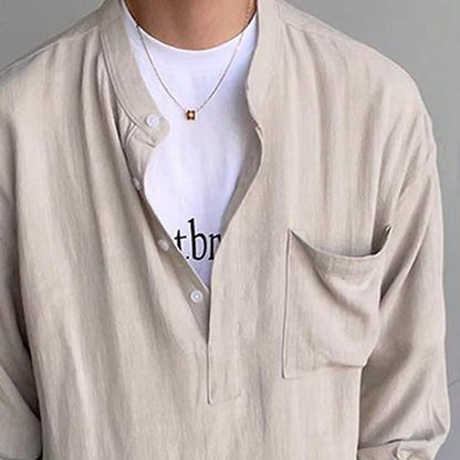 【24-hour shipping】Men's Casual Solid Color Henley Collar Long Sleeve Shirt 82277169Y